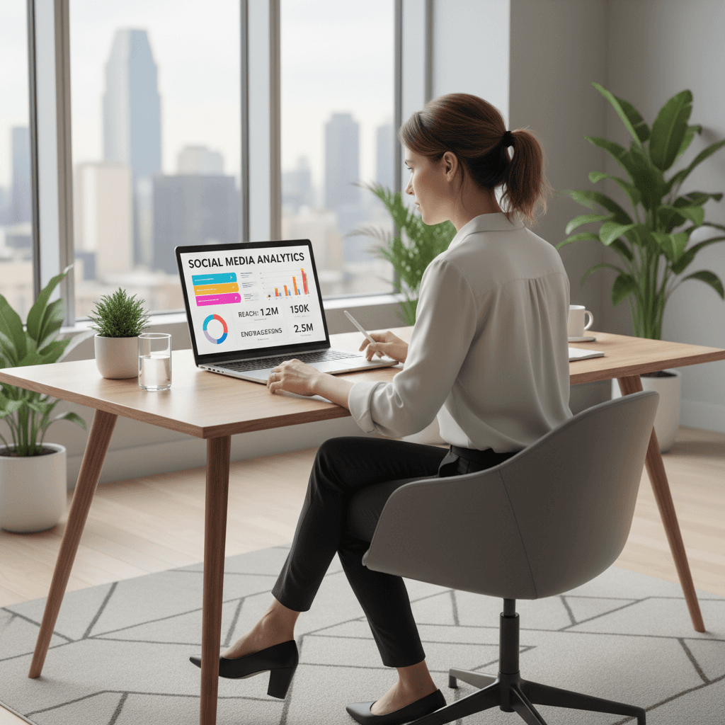 Business owner analyzing social media performance metrics