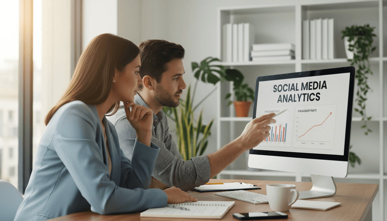 Business consultation meeting reviewing social media strategy and growth metrics
