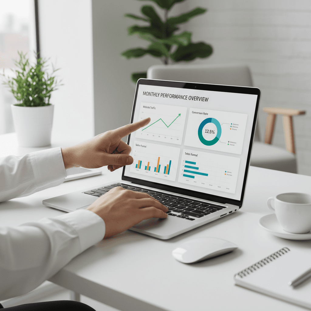 Business owner reviewing social media performance results
